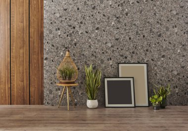 Konsept, vazo yeşil bitki, sandalye, çerçeve ve ahşap mermer arka plan.