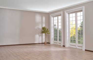 Boş oda, duvar, pencere, parke tarzı, iç konsept, mobilya kanepe halısı dekorasyonu alanı.