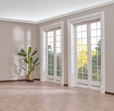 Boş oda, duvar, pencere, parke tarzı, iç konsept, mobilya kanepe halısı dekorasyonu alanı.