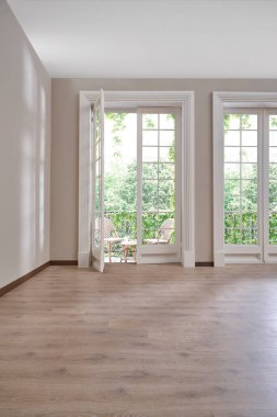 Boş oda, duvar, pencere, parke tarzı, iç konsept, mobilya kanepe halısı dekorasyonu alanı.