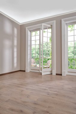 Boş oda, duvar, pencere, parke tarzı, iç konsept, mobilya kanepe halısı dekorasyonu alanı.