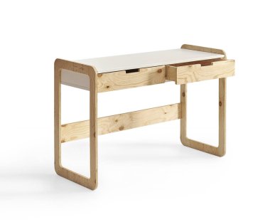 Ahşap çalışma masası beyaz arkaplan izole.