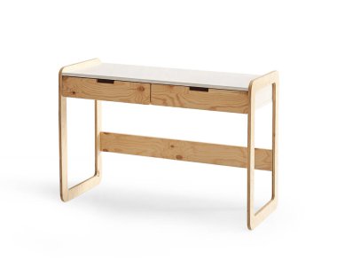 Ahşap çalışma masası beyaz arkaplan izole.