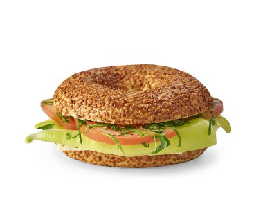 Beyaz masada izole edilmiş sandviç, peynir, marul, çeşitli sebzeler..