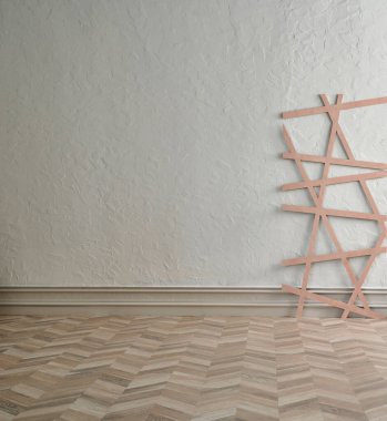 Gri desenli duvar arkaplanı ve parke zemin, bitki sehpası vazosu ve sandalye konsepti, iç mekan tarzı..