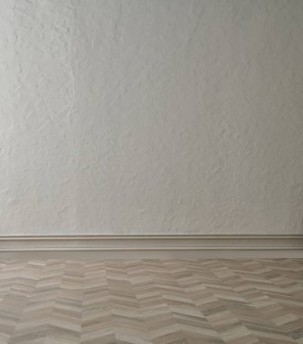 Gri desenli duvar arkaplanı ve parke zemin, bitki sehpası vazosu ve sandalye konsepti, iç mekan tarzı..