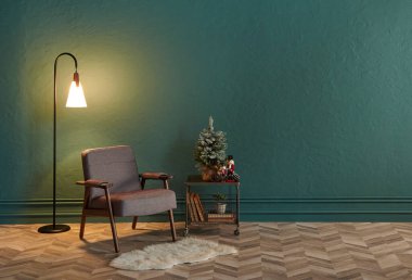 Yılbaşı odası konsepti, sandalye, ağaç lambası, parke, dekoratif yeşil duvar arka plan tarzı, iç mekan..