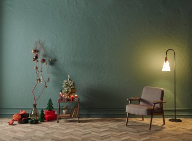 Yılbaşı odası konsepti, sandalye, ağaç lambası, parke, dekoratif yeşil duvar arka plan tarzı, iç mekan..