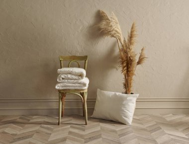 Yastık ve yorgan takımı, modern iç malzemeler, kanepe ve banka mobilyası, ev dekorasyonu, pamuk fabrikası, natürmort yaşam konsepti..