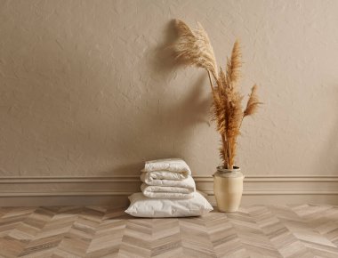 Yastık ve yorgan takımı, modern iç malzemeler, kanepe ve banka mobilyası, ev dekorasyonu, pamuk fabrikası, natürmort yaşam konsepti..