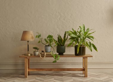 Yeşil botanik odası konsepti, bitki vazosu, mobilya koltuğu ve banka tarzı, iç dekorasyon, koyu sarı duvar arka planı.