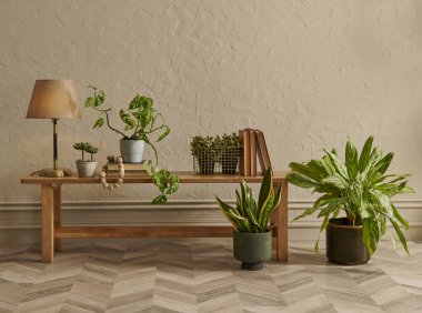 Yeşil botanik odası konsepti, bitki vazosu, mobilya koltuğu ve banka tarzı, iç dekorasyon, koyu sarı duvar arka planı.