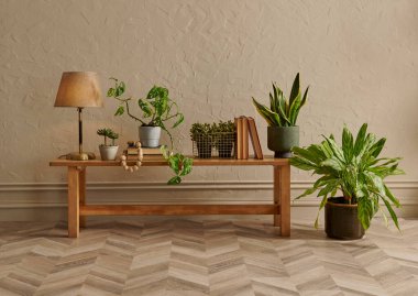 Yeşil botanik odası konsepti, bitki vazosu, mobilya koltuğu ve banka tarzı, iç dekorasyon, koyu sarı duvar arka planı.