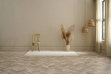 Modern ev hasır konsept, sandalye, lamba, ahşap ekran, parke döşeme, çiçek dekoru vazosu. Dekoratif arkaplan.