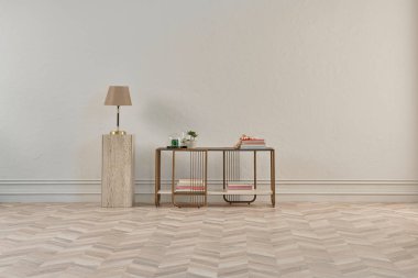 Bu dingin oturma odasında minimalist bir tasarım var. Ringa sandalyesi, yuvarlak halı, konsol masası ve soyut sanat eserleri var. Hepsi klasik beyaz duvarlara ve ringa kemiği zeminine karşı..