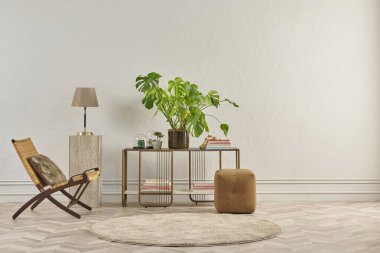 Bu dingin oturma odasında minimalist bir tasarım var. Ringa sandalyesi, yuvarlak halı, konsol masası ve soyut sanat eserleri var. Hepsi klasik beyaz duvarlara ve ringa kemiği zeminine karşı..