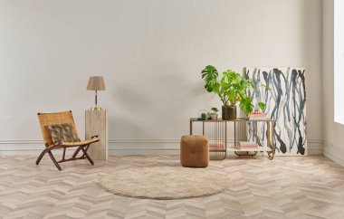 Bu dingin oturma odasında minimalist bir tasarım var. Ringa sandalyesi, yuvarlak halı, konsol masası ve soyut sanat eserleri var. Hepsi klasik beyaz duvarlara ve ringa kemiği zeminine karşı..