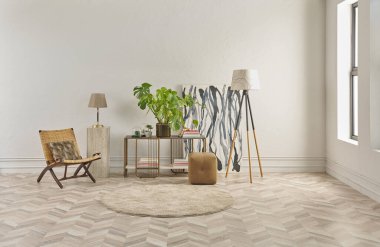 Bu dingin oturma odasında minimalist bir tasarım var. Ringa sandalyesi, yuvarlak halı, konsol masası ve soyut sanat eserleri var. Hepsi klasik beyaz duvarlara ve ringa kemiği zeminine karşı..