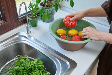 Bir kadın mutfak lavabosunda taze limon, domates ve yapraklı sebzeleri yıkıyor. Güneşli bir pencerenin yanında sağlıklı malzemeler hazırlıyor..