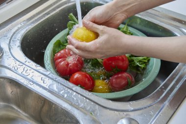 Bir kadın mutfak lavabosunda taze limon, domates ve yapraklı sebzeleri yıkıyor. Güneşli bir pencerenin yanında sağlıklı malzemeler hazırlıyor..