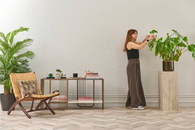 Siyah bluzlu ve koyu renkli geniş pantolonlu bir kadın büyük bir bitkiyi sular. Bitki koyu tencerede açık renkli bir kaidede oturur..