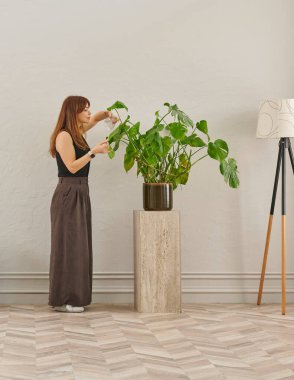 Siyah bluzlu ve koyu renkli geniş pantolonlu bir kadın büyük bir bitkiyi sular. Bitki koyu tencerede açık renkli bir kaidede oturur..