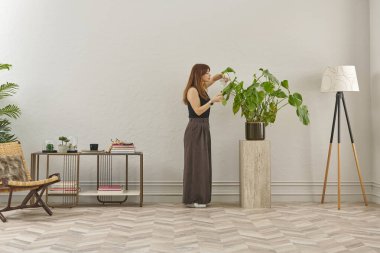 Siyah bluzlu ve koyu renkli geniş pantolonlu bir kadın büyük bir bitkiyi sular. Bitki koyu tencerede açık renkli bir kaidede oturur..