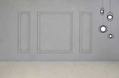 Boş oda, gri dekoratif duvar panelleri, beyaz askılı lamba, minimal tasarım, nötr tonlar, ve zarif iç plan.