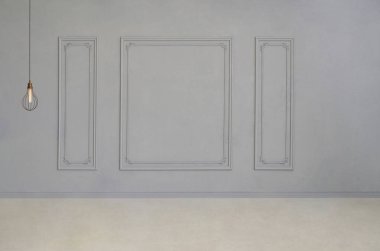 Boş oda, gri dekoratif duvar panelleri, beyaz askılı lamba, minimal tasarım, nötr tonlar, ve zarif iç plan.