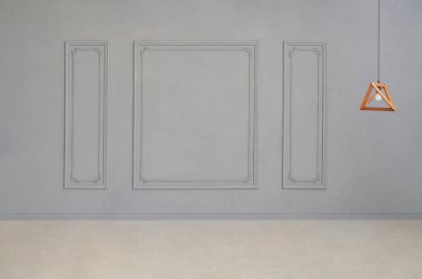 Boş oda, gri dekoratif duvar panelleri, beyaz askılı lamba, minimal tasarım, nötr tonlar, ve zarif iç plan.