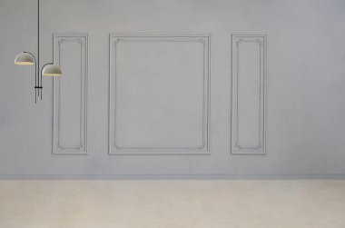 Boş oda, gri dekoratif duvar panelleri, beyaz askılı lamba, minimal tasarım, nötr tonlar, ve zarif iç plan.