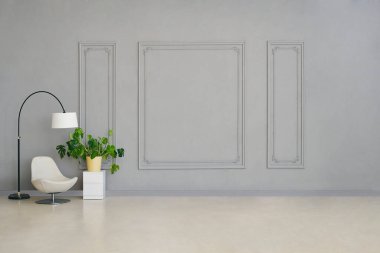 Modern yataklı minimalist yatak odası, beyaz yatak odası, şık sandalye, ark lambası, saksı çiçeği ve zarif duvar tasarımı..