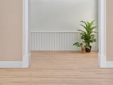 Boş oturma odası, beyaz kitaplık, vazo dolusu bitki, lamba, ev konsepti, kahverengi parke..