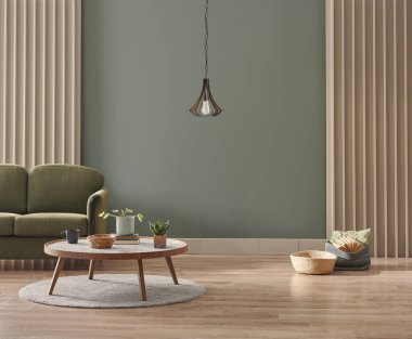 Yeşil oturma odası arka planı gri dekoratif sandalye, lamba çerçeve orta masa ve poster tarzı.