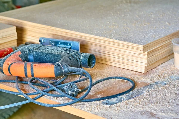 Heating Industrial Dryer Gun Tool Wood Plywood Sheets Sawdust — Stock Photo, Image