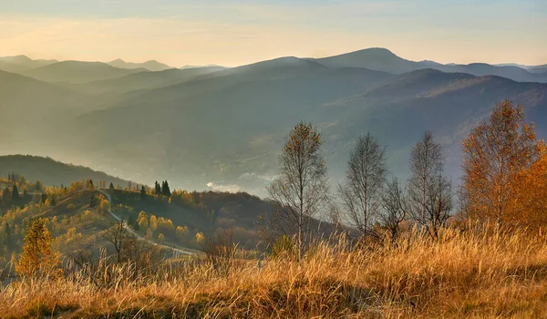 Bergweg Veelkleurige Herfstkleuren Bergen Nevel — Stockfoto