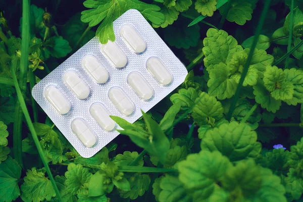  White pills in plastic blister on green grass on meadow                              