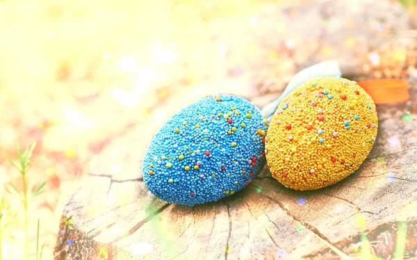 Sarı Mavi Paskalya Yumurtaları Güneşli Bir Günde Sisli Bir Çayırda — Stok fotoğraf