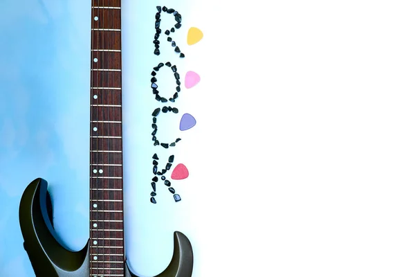 Guitarra Elétrica Azul Com Inscrição Rock Plectrums — Fotografia de Stock