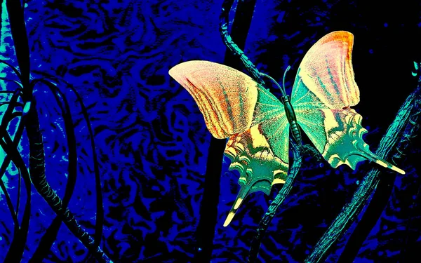 Зелений Помаранчевий Червоний Метелик Нічному Синьому Містичному Рослинному Тлі — стокове фото