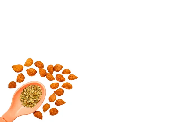 Cucchiaio Plastica Arancione Con Spezie Gherigli Albicocche Cucinare Bere Cuocere — Foto Stock