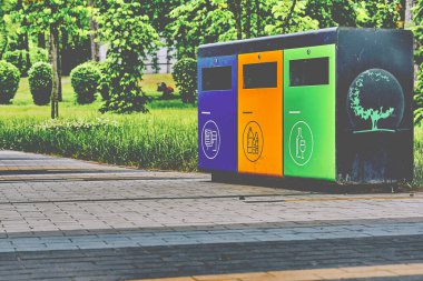 Ekoloji. Yaz parkında plastik, kağıt ve cam atık konteynırlarını ayırın                               