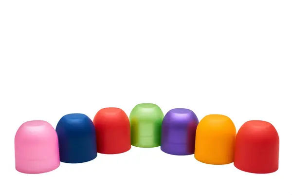 Multicolored Bright Cones Cylinders Caps Place Text White — Fotografia de Stock