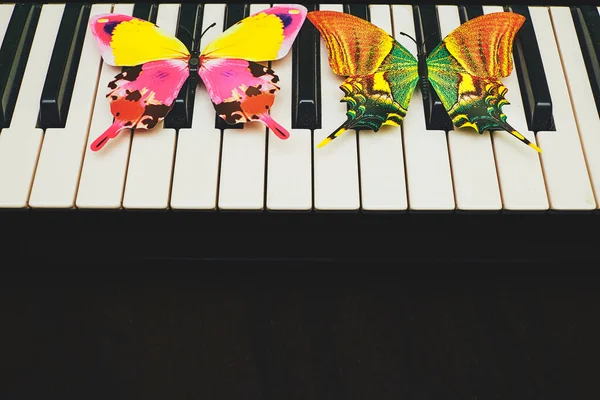 音乐合成器钢琴键与彩色蝴蝶 案文的位置 — 图库照片