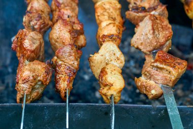 Izgarada pişmiş lezzetli kızarmış et parçaları.                               