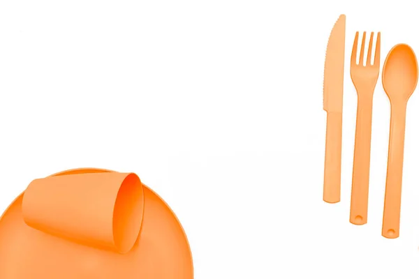 Апельсиновый Пластиковый Стаканчик Ложка Вилочный Нож Кемпинга Белый — стоковое фото