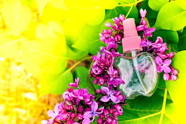 Empty plastic cosmetic spray bottles close up with pink lilac among yellow