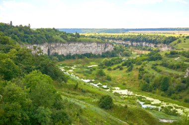 Kuru nehir. Yeşil bitki örtülü kayalık bir kanyon.,                                