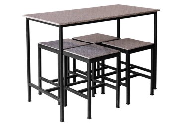 Çelik bacaklı mermer tabak seti. Beyaz arka planda basit bir izolasyon..