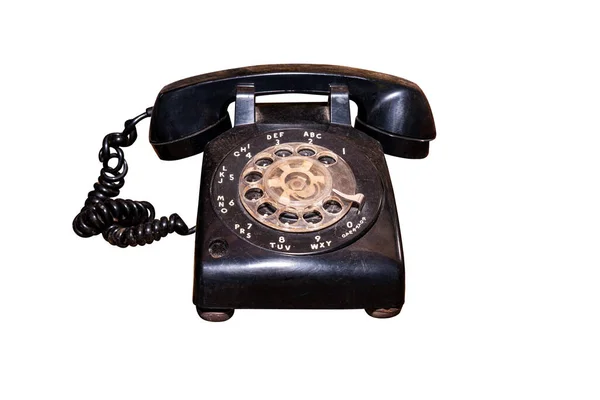 Das Alte Wählscheibentelefon Ist Schmutzig Und Zerkratzt Isoliert Auf Weißer — Stockfoto